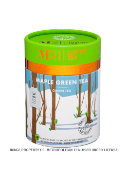 Doos groene thee met ahornsiroop Canada in piramidale theezakjes, delicate infusie zoete tonen