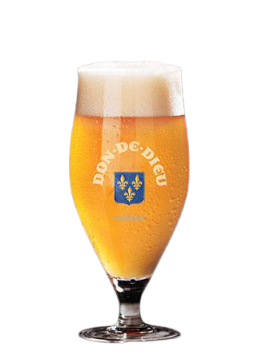 glass with unibroue don de dieu du quebec logo