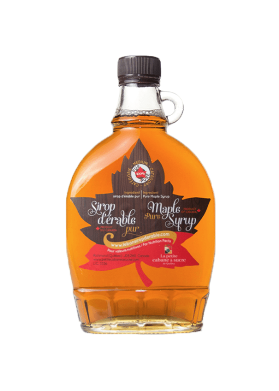 Rich tasting maple syrup in a bottle with Quebec handle