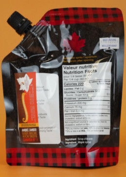 Amber maple syrup in pouch
