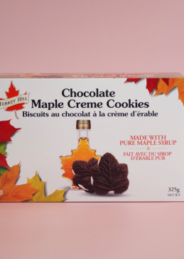 Maple leaf chocolate cookies with maple cream