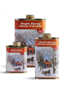 Three sizes of metal cans with maple syrup