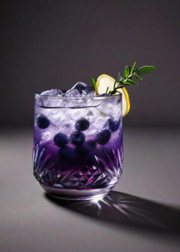 Cocktail mit Sortilège Heidelbeere im violetten Glas, frische Heidelbeeren und Thymian
