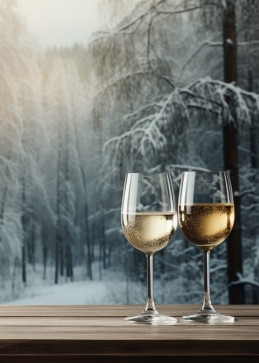 Zwei Gläser Eiscider Givré in winterlich verschneiter Landschaft, Verkostung aus Quebec