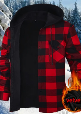 Red and Black Plaid Hooded Shirt - Thermal