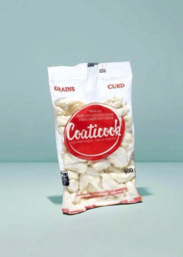 Open bag of Coaticook cheese curds - characteristic cube texture to prepare authentic Canadian poutine