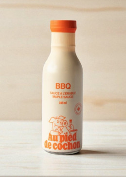 BBQ saus Martin Picard fles alternatieve weergave - ambachtelijke pot Quebec chef authentieke ahornsmaak
