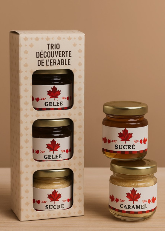 Trio scoperta sciroppo d'acero: caramello 40 ml, gelatina 30 ml e zucchero d'acero 23 g