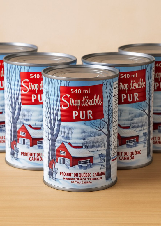 Confezione 5 lattine di sciroppo d'acero ambrato puro 540 ml, etichetta canadese con scena invernale e capanna