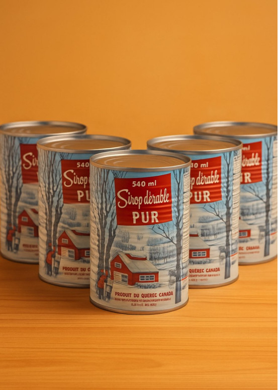 Confezione 5 lattine di sciroppo d'acero dorato puro 540 ml, sfondo ambrato con etichetta canadese