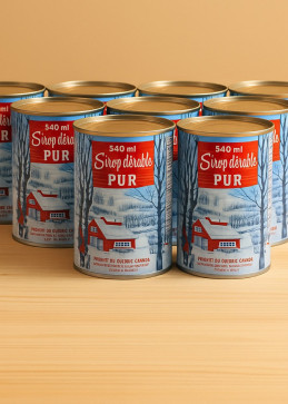 Vista alternativa del pack 10 lattine sciroppo d'acero dorato e ambrato 540 ml su sfondo legno