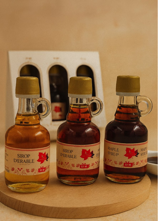 Trío descubrimiento 3 mini botellas con asa jarabe arce 50 ml ámbar, dorado y oscuro Quebec