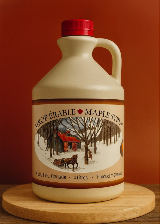 4 liter jug of dark maple syrup