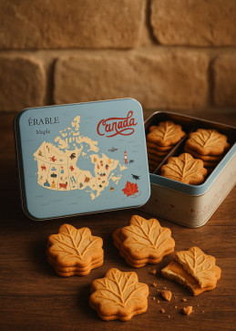 Caja de metal con galletas de jarabe de arce