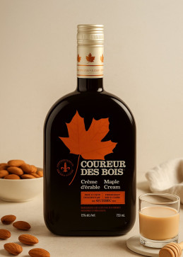 Fles ahornroomlikeur Coureur des Bois 750 ml, zwart etiket met rood esdoornblad, Baileys-stijl