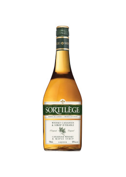 Botella licor de whisky Sortilège con jarabe de arce 750 ml y vaso, color dorado ámbar