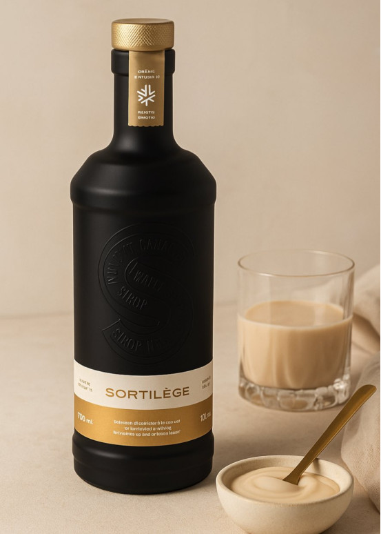 Bottiglia crema di whisky Sortilège con sciroppo d'acero e bicchiere pieno, fondo beige soft