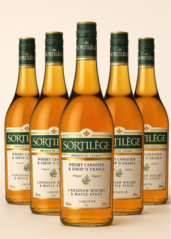 Verpakking met 5 flessen Sortilège L'Original Canadese whisky en pure ahornsiroop - voordeelverpakking