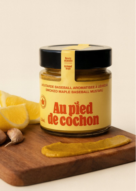 Mostaza con arce ahumado - condimento aromático Quebec agridulce con toque ahumado ideal para carnes