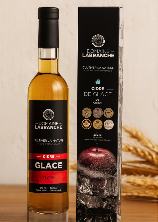 Bottiglia Sidro di Ghiaccio Prestige Domaine Labranche, alcol di mela del Quebec, etichetta