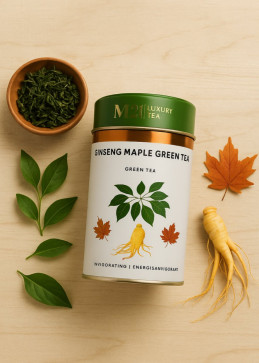 Doos groene thee ginseng en ahorn Canada, energieke infusie met zoete tonen