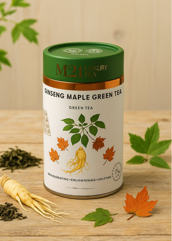 Doos groene thee ginseng en ahorn Canada, energieke infusie met zoete tonen