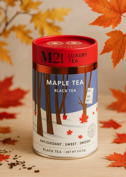 Doos zwarte thee met ahornsiroop Canada in piramidale theezakjes, gourmet infusie zoete tonen