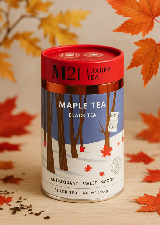Doos zwarte thee met ahornsiroop Canada in piramidale theezakjes, gourmet infusie zoete tonen