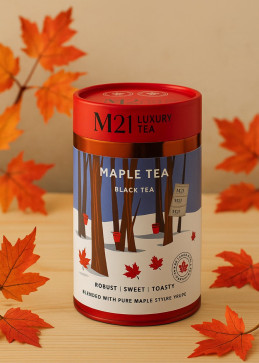 Doos zwarte thee met ahornsiroop Canada in piramidale theezakjes, gourmet infusie zoete tonen