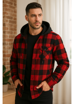 Camicia con cappuccio a quadri rosso nero termica - capo caldo stile bonacalese canadese per inverno