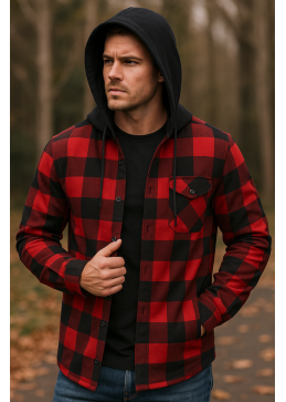 Geruit hooded shirt rood zwart thermisch - warm kledingstuk Canadese houthakker stijl voor de winter