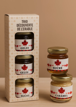 Trío descubrimiento jarabe, mantequilla y caramelo de arce de Quebec, estuche regalo Petite