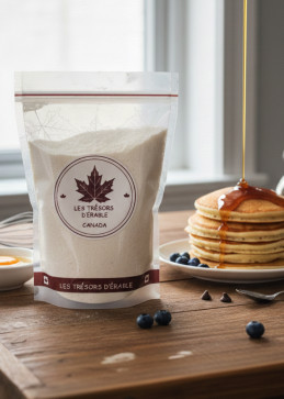 A packet of pancake mix on a wooden table with a stack of pancakes topped with maple syrup