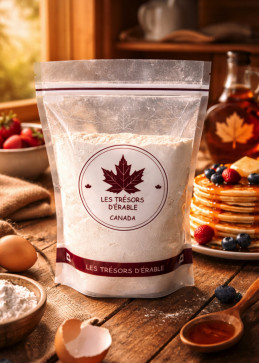 Sachet 500g de mix à pancakes artisanal à côté d'une pile de pancakes fluffy et d'une bouteille de sirop d'érable