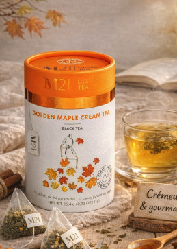 Doos zwarte thee met gouden ahornsiroop crème uit Canada, gourmet infusie met zoete tonen