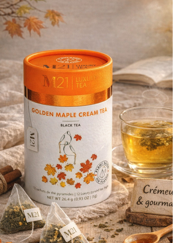 Doos zwarte thee met gouden ahornsiroop crème uit Canada, gourmet infusie met zoete tonen