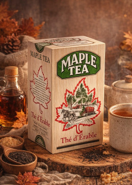 Zwarte thee met ahorn uit Canada, authentieke aromatische melange met pure ahornsiroop