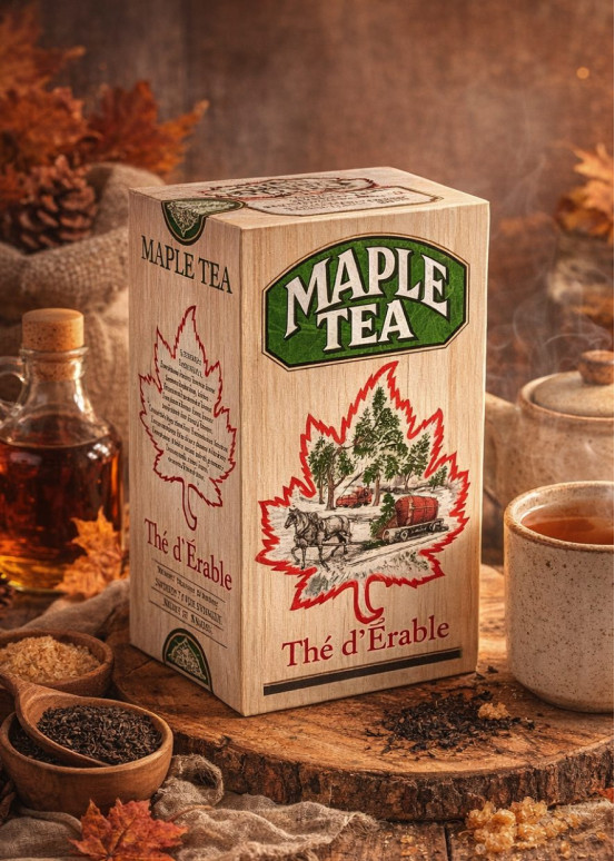 Zwarte thee met ahorn uit Canada, authentieke aromatische melange met pure ahornsiroop