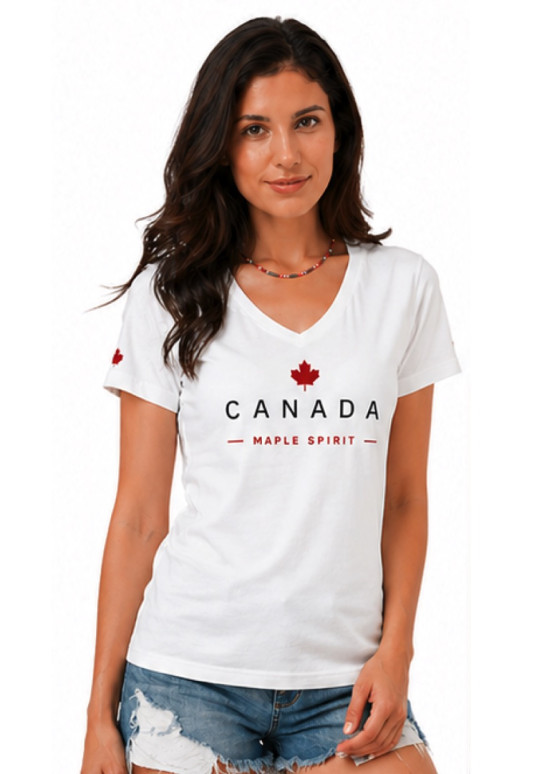 maglietta bianca da donna canadese con scollo a V, Maple Spirit