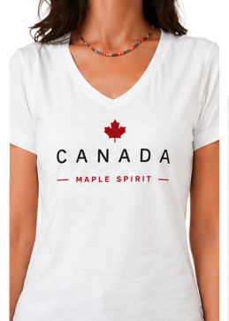 Camiseta blanca de algodón con cuello en V para mujer, Canada Maple Spirit