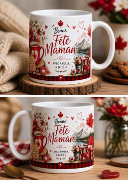 Weißer Becher mit sublimiertem Bild von Mama und roten Blumen.