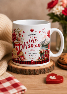 Mok met de tekst "Fijne Moederdag" op een houten voet.