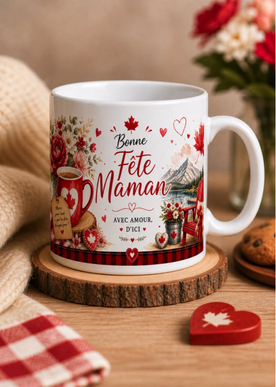 "Happy Mother's Day" mug on a wooden base.