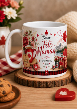 Tasse mit der Aufschrift „Alles Gute zum Muttertag“ auf einem Holzsockel.