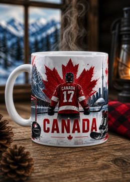 Hockey Canada mug with Toronto skyline, skates and player #17 on bright red maple leaf