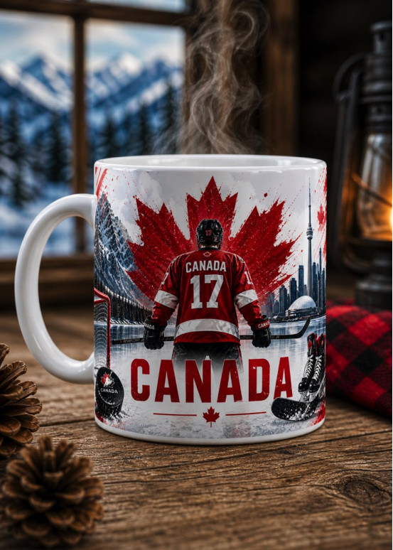 Mug Hockey Canadá con skyline de Toronto, patines y jugador n.º 17 sobre arce rojo brillante