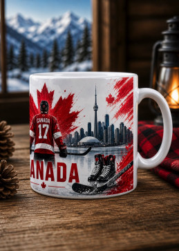 Mug Hockey Canada da due angolazioni con giocatore n. 17 e skyline urbano canadese
