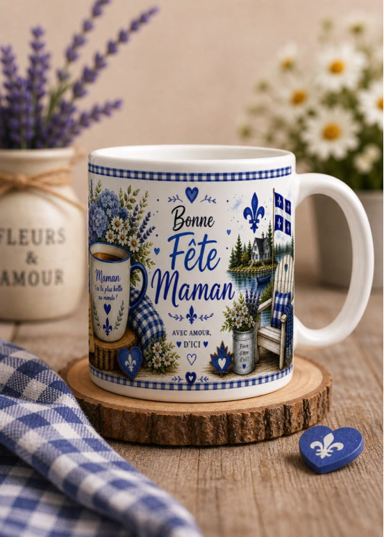 Bonne Fête Maman ceramic mug Quebec Edition with blue fleur-de-lis and lavender