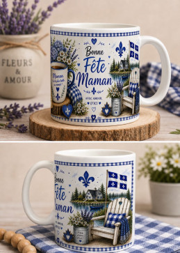 Mug Frohe Muttertag Quebec mit Lilien und Quebec-Flagge auf Blumenhintergrund