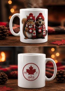 Mug Écureuil & Castor canadiens vu sous deux angles avec logo feuille d'érable rouge
